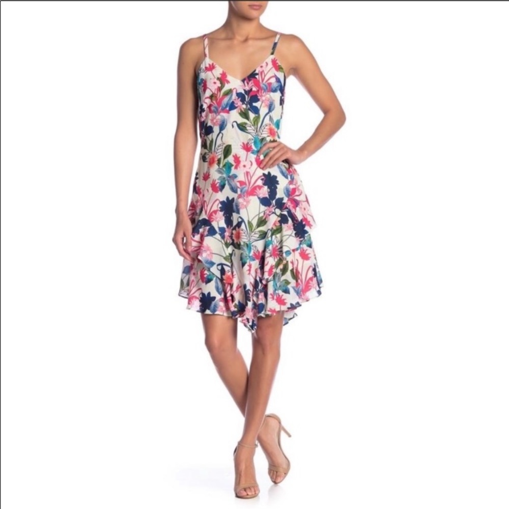 Parker Floral Fiesta Ruffled Chiffon Hi-Low Ruffle Mini Dress